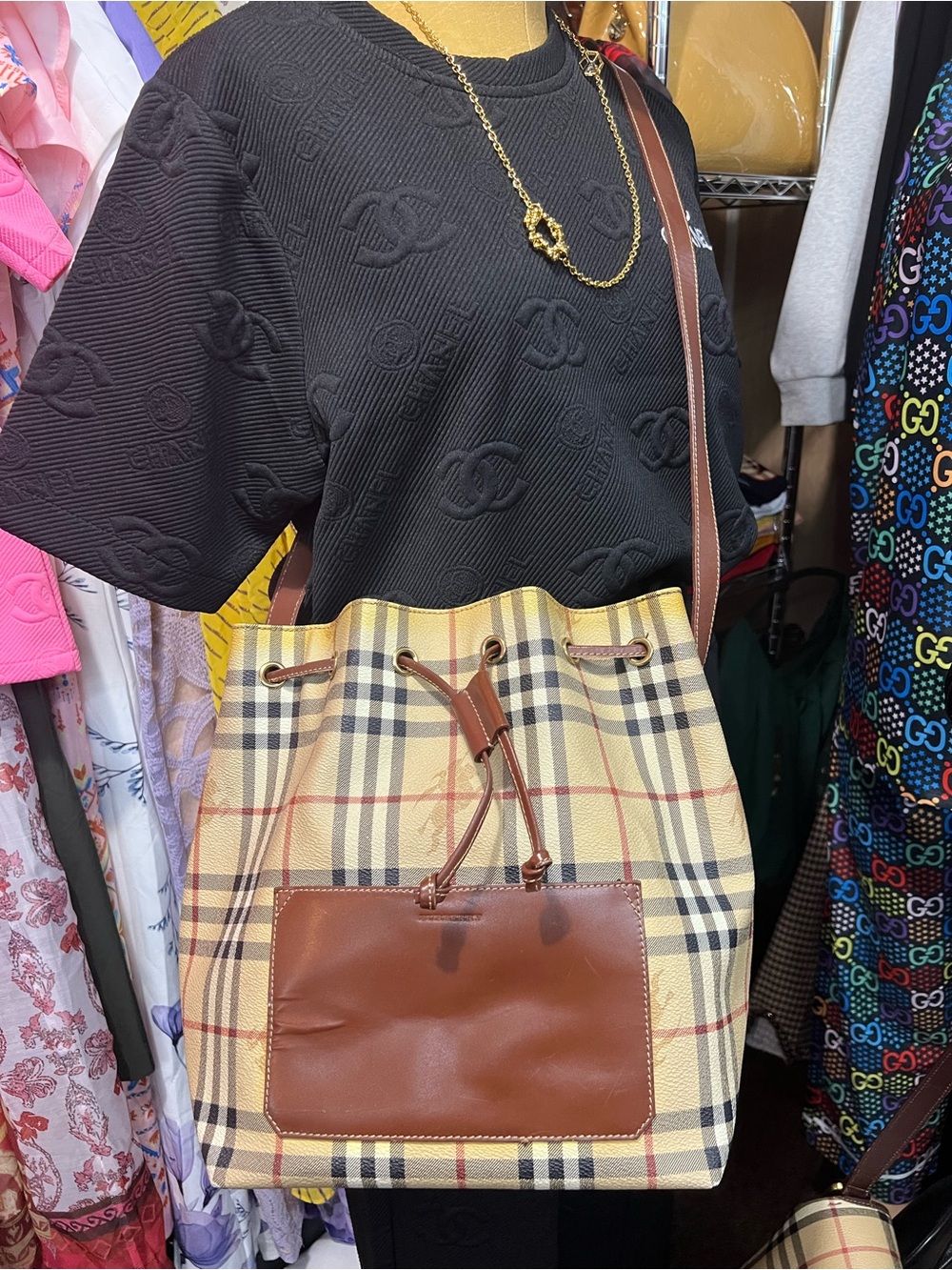 Burberry Plaid Drawstring Tote with Brown Leather Trim - Beige/Brown